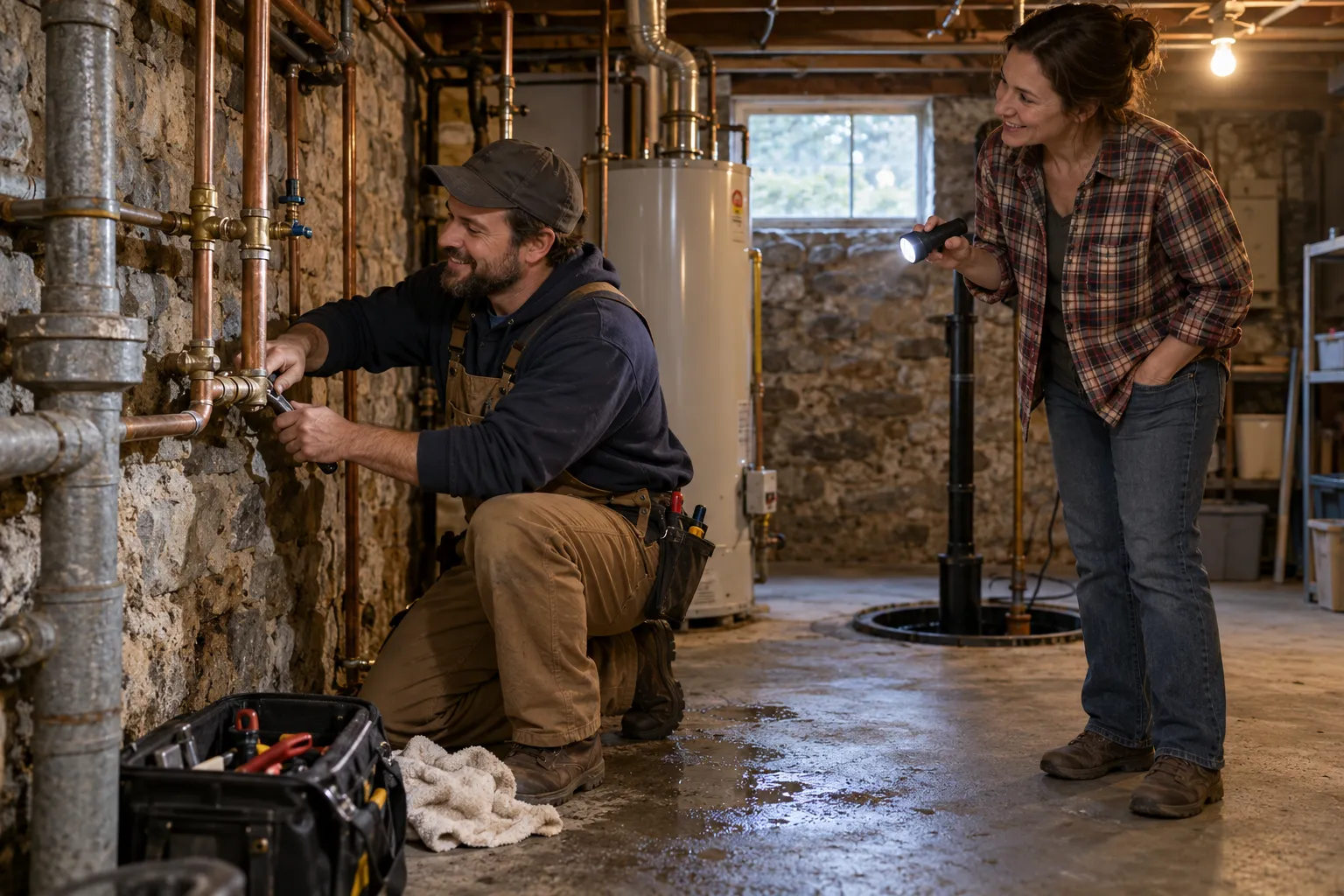 Friendly plumber helping a homeowner near a shutoff valve in an older Garrettsville basement