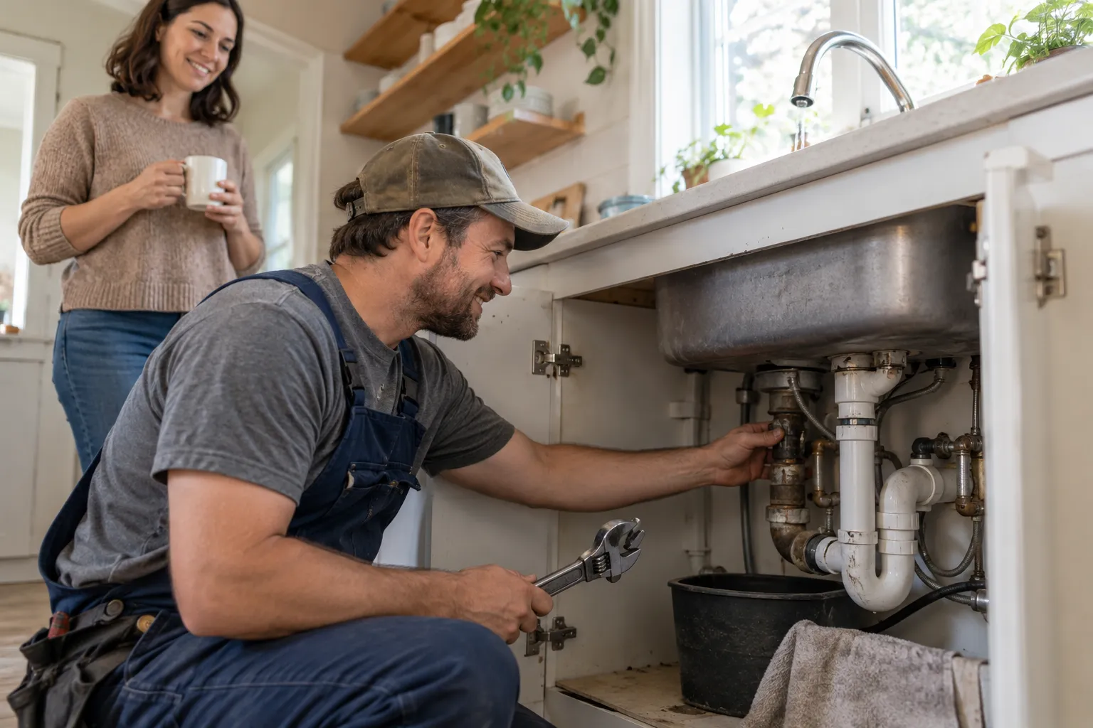 A plumber checking an aging pipe under a kitchen sink