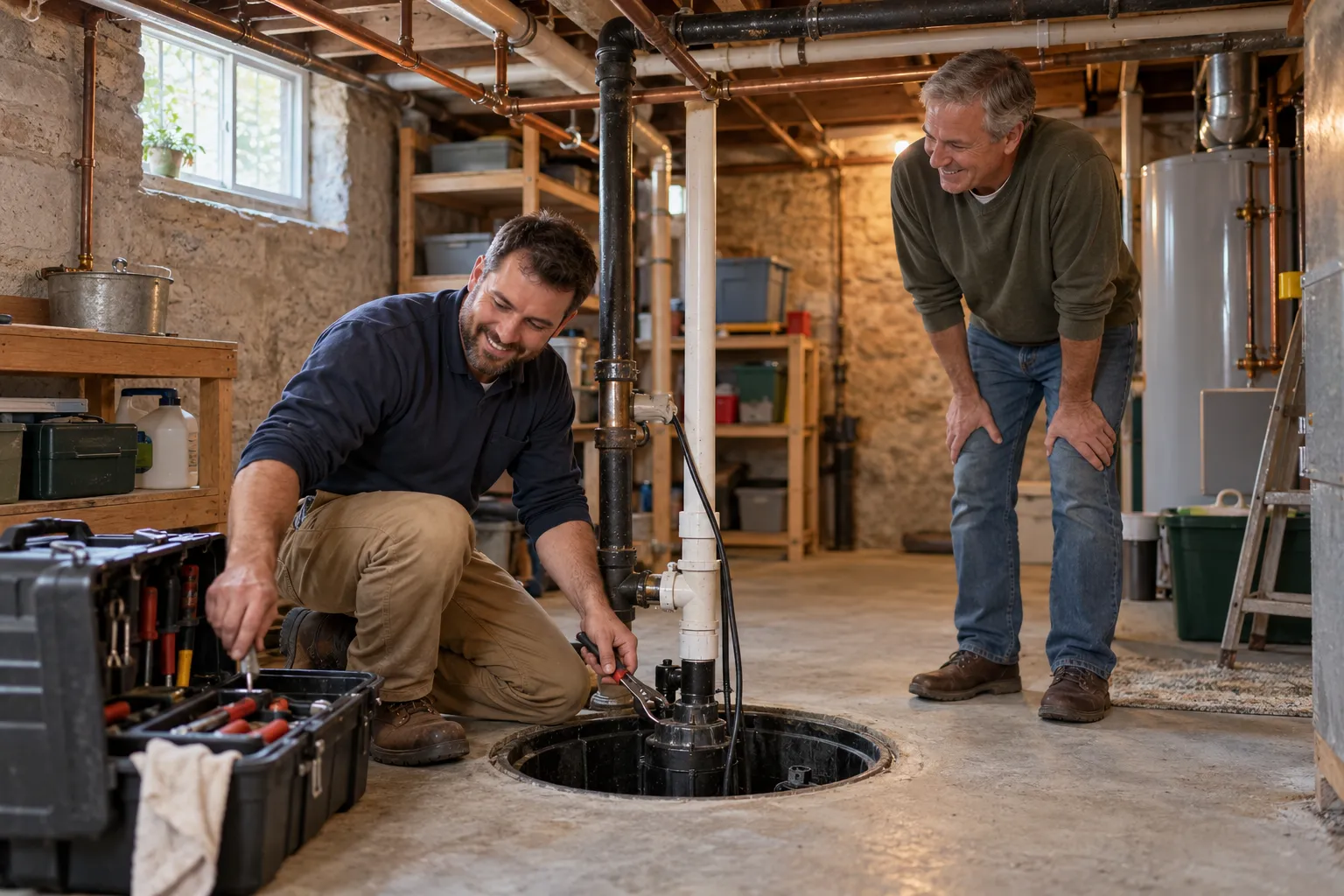 A homeowner talking with a friendly plumber in a basement of an older Garrettsville home