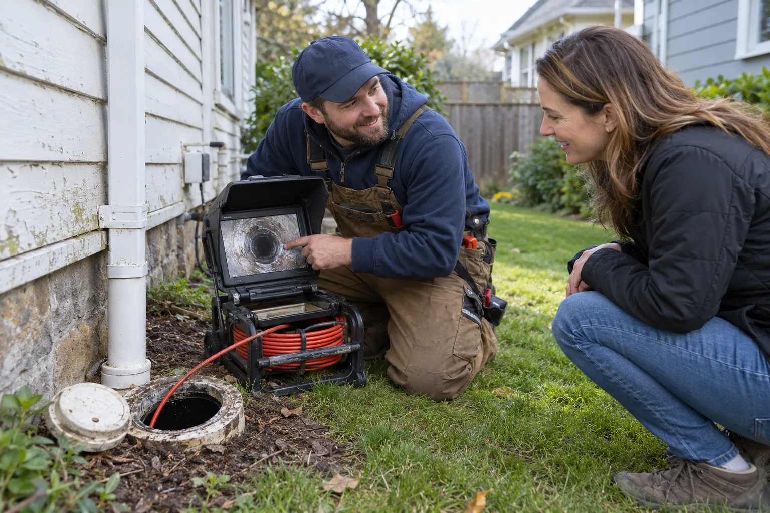 Friendly local plumbing provider showing a homeowner camera inspection footage of a sewer line outside an older Garrettsville house